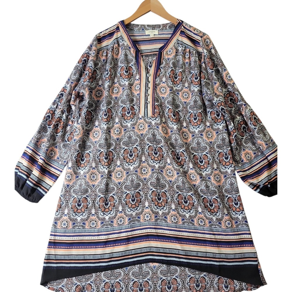 Umgee USA Womens Large Boho Paisley Floral Tunic Dress Blue Orange